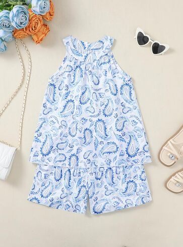 Girls 2 Piece Outfit Paisley Graphic Halter Neck Sleeveless Tank Top and Paperbag Short Sets Summer Clothes in Saudi Arabia