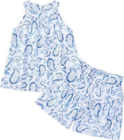Girls 2 Piece Outfit Paisley Graphic Halter Neck Sleeveless Tank Top and Paperbag Short Sets Summer Clothes in Saudi Arabia