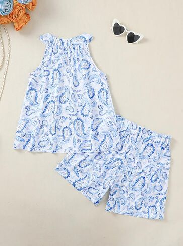 Girls 2 Piece Outfit Paisley Graphic Halter Neck Sleeveless Tank Top and Paperbag Short Sets Summer Clothes in Saudi Arabia