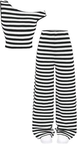 Floerns Girl's 2 Piece Outfit Striped Textured Off The Shoulder Tops and Wide Leg Pants Set in Kuwait