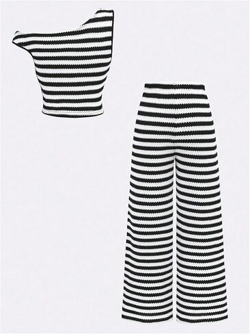 Floerns Girl's 2 Piece Outfit Striped Textured Off The Shoulder Tops and Wide Leg Pants Set in Kuwait