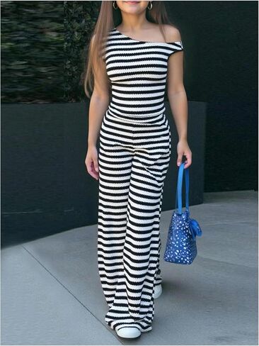 Floerns Girl's 2 Piece Outfit Striped Textured Off The Shoulder Tops and Wide Leg Pants Set in Kuwait