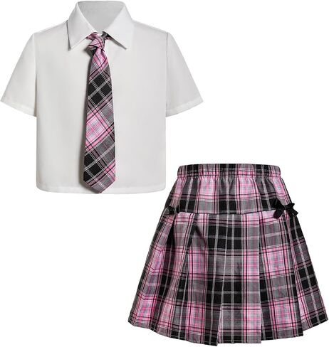 SOLY HUX Girl's Plaid Skirt Set 3 Piece Outfit Uniform Short Sleeve Shirts Pleated Skirts with Bow Tie Preppy Clothes in Saudi Arabia