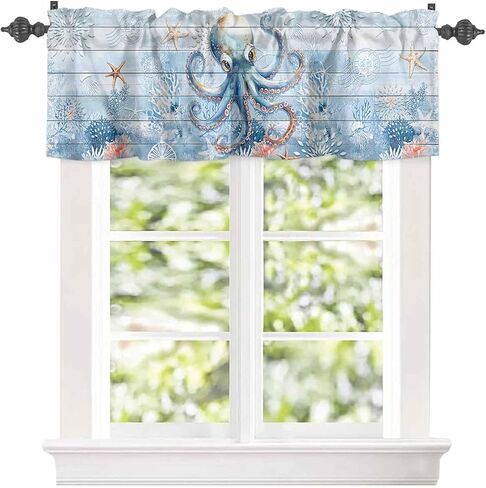 Blue Ocean Octopus Starfish Coral Window Valances, Rod Pocket Kitchen Curtain Valance, Underwater World Short Valance Window Treatment Topper Curtains for Living Room Bedroom,54x18In in Saudi Arabia