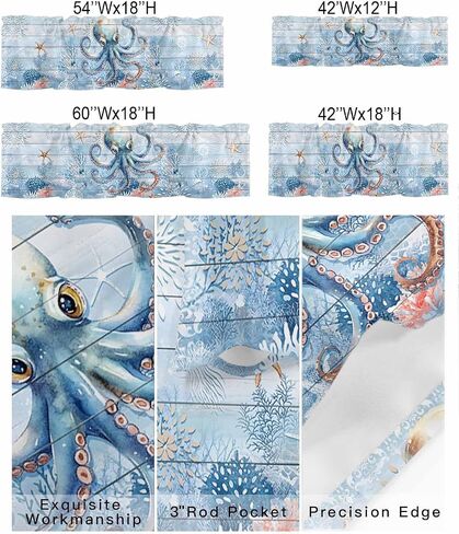 Blue Ocean Octopus Starfish Coral Window Valances, Rod Pocket Kitchen Curtain Valance, Underwater World Short Valance Window Treatment Topper Curtains for Living Room Bedroom,54x18In in Saudi Arabia