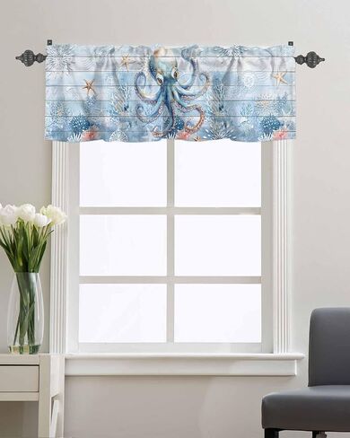 Blue Ocean Octopus Starfish Coral Window Valances, Rod Pocket Kitchen Curtain Valance, Underwater World Short Valance Window Treatment Topper Curtains for Living Room Bedroom,54x18In in Saudi Arabia
