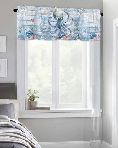 Blue Ocean Octopus Starfish Coral Window Valances, Rod Pocket Kitchen Curtain Valance, Underwater World Short Valance Window Treatment Topper Curtains for Living Room Bedroom,54x18In in Saudi Arabia