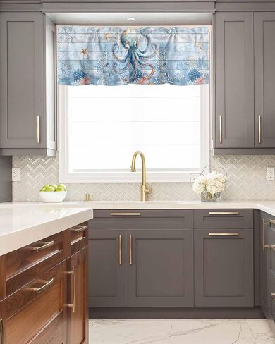 Blue Ocean Octopus Starfish Coral Window Valances, Rod Pocket Kitchen Curtain Valance, Underwater World Short Valance Window Treatment Topper Curtains for Living Room Bedroom,54x18In in Saudi Arabia