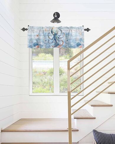 Blue Ocean Octopus Starfish Coral Window Valances, Rod Pocket Kitchen Curtain Valance, Underwater World Short Valance Window Treatment Topper Curtains for Living Room Bedroom,54x18In in Saudi Arabia