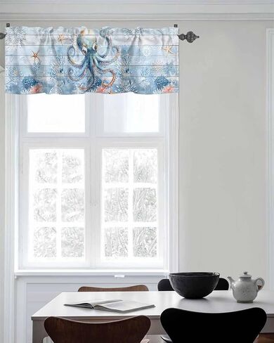 Blue Ocean Octopus Starfish Coral Window Valances, Rod Pocket Kitchen Curtain Valance, Underwater World Short Valance Window Treatment Topper Curtains for Living Room Bedroom,54x18In in Saudi Arabia
