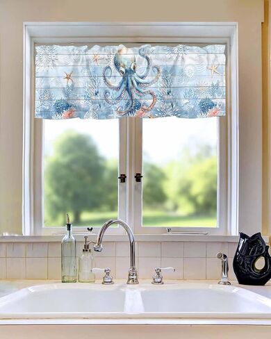 Blue Ocean Octopus Starfish Coral Window Valances, Rod Pocket Kitchen Curtain Valance, Underwater World Short Valance Window Treatment Topper Curtains for Living Room Bedroom,54x18In in Saudi Arabia
