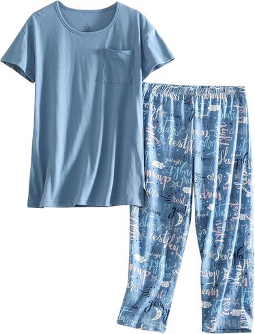 Inadays Womens Pajama Sets Cotton Pj Sets Short Sleeve Top With Capri Pants 2 Piece Sleepwear Comfy Lounge Set in Saudi Arabia
