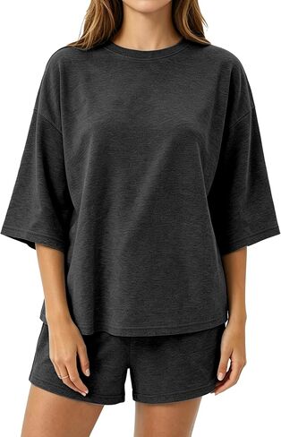 PJGGZ Cotton Pajamas for Women Set, 3/4 Sleeve Top & Shorts Oversized Lounge Set Summer Sleepwear 2 Piece Comfy Pjs in Saudi Arabia