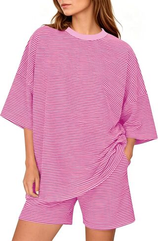 MSBESYOR Women 2 Piece Striped Lounge Set Short Sleeve Oversized T-Shirt Pjs Shorts Casual Matching Pajamas Set in Saudi Arabia