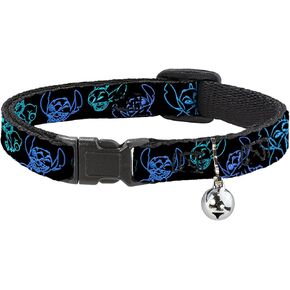 Disney Cat Collar, Breakaway Collar with Bell, Electric Stitch Poses Black Neon Blue, 8.5 to 12 Inches 0.5 Inch Wide