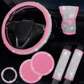 ToBeQueen Bling Pink Steering Wheel Cover Set of 7, Crystal Diamond Rhinestone Pink Car Accessories for Women Girl, Seat Belt Cushion, Gear Shift Cover,Push Start Ring, Car Cup Holder Coaster, Pink