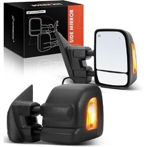 A-Premium Towing Mirrors - Compatible with Nissan Titan 2017-2022 - Manual Folding Heated Memory Function Telescoping Black - with Power Glass Turn Signal Blind Spot Detection Puddle Light - Pair Set