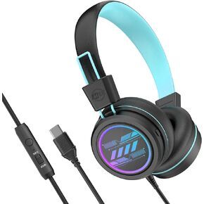 MEE audio KidJamz KJ55BT Bluetooth Wireless Safe Listening Headphones for Children with LED Lights, 85dB Volume Limiter, Mic & 40h Battery (Blue)