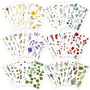 Pressed Flower Themed Stickers Set (Assorted 680 Pieces,48 Sheets) Dried Flower Decorative Sticker Cute Resin Journaling Sticker for Scrapbook Supplies DIY Journal Notebook