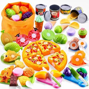 Play Food Sets For Kids Kitchen,66PCS Pretend Food Toys for Toddlers,Cutting Toy Food Play Kitchen Accessories with Pizza,Fruits & Storage Bag,Educational Toys Gift for Boys Girls 3 year old