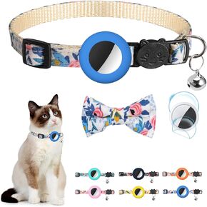 Airtag Cat Collar with Bell Adjustable Breakaway Kitten Collars:- Safety Buckle and Silicone Air Tag Holder Case Compatible with Apple Airtag Geometric Pattern Pet Collar (cat Collar-Blue)