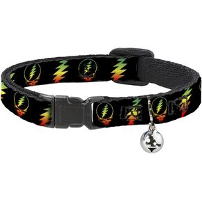 Cat Collar Breakaway Steal Your Face Lightning Bolt Repeat Black Rasta 8 to 12 Inches 0.5 Inch Wide