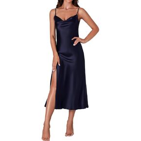 LYANER Women's Satin Cowl Neck Spaghetti Strap Split Nightgowns Silk Midi Dress