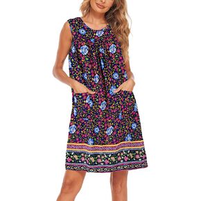 POGTMM Sleeveless Shift Dress Sundress Floral Print House Dresses for Women with Pockets Green Medium