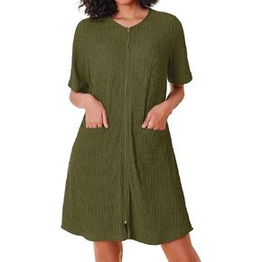 Ekouaer Women Zipper Robe Short Sleeves House Dress Knit Short Bathrobe Sleepwear with Pockets Housecoat Nightgown