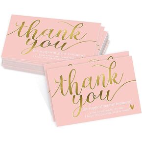 AKOAK 50 Pcs 50 x 90 MM Pink Gold Thank You for The Card Handmade Thank You for Your Support for My Small Business Card Paper Flowers Gift Candy Shop Packaging Theme Tag Card