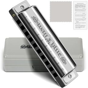 SWAN Blues Harmonica C Key for Kids Adults, 10 Hole Diatonic Harmonica Key of C Brass Reed Blues Harp for Beginners Students, Metal Mouth Organ in Stainless Steel C Major, Black Swan Ocean Blue