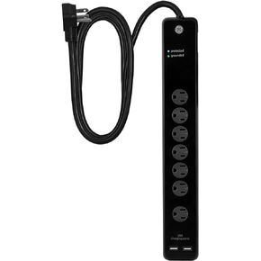GE Surge Protector, 7 Outlet Power Strip, 2 USB Charging Ports, 4 ft Extension Cord, Extra Wide Adapter Spaced Outlet, Total 10W USB Charging, Flat Plug, 1500 Joules, UL Listed, Black, 25795