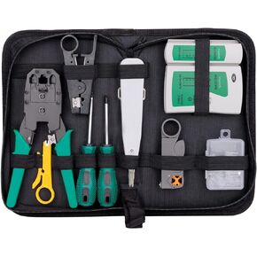 Hiija Network Tool Kit Professional Network Maintenance LAN Cable Tester, RJ45 Crimper 9 in 1 Repair Tools RJ45 Crimp Tool, 8P8C RJ45 Connectors, Cable Tester, Screwdriver, Stripping Pliers