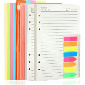 Freude 2 Pack A6 Refill Paper Lined - 5 Colorful Index Dividers, 2 Pieces Loose Leaf Pockets, 160 Pieces Color Label with Ruler for 6 Hole Notebooks/Journals/Loose Leaf Binder