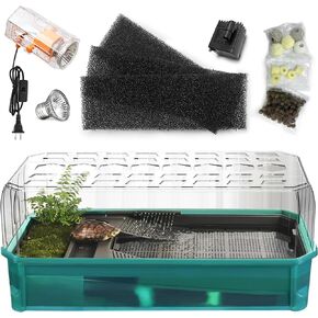 Turtle Tank Aquarium Kit, Turtle Habitat Starter Terrarium, Aquatic Tortoise Enclosure with Lid, Bottom Filter, Multi Function Areas, Drainage, Basking Platform Lamp for Pet Turtles Crabs Reptiles in Kuwait