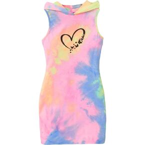 WDIRARA Girl's Heart Print Tie Dye Sleeveless Hooded Tank Dress Casual Bodycon Dresses