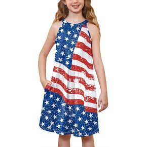 BesserBay July 4th Girls Halter Neck Sleeveless Midi Dress with Side Pockets 4-12 Years