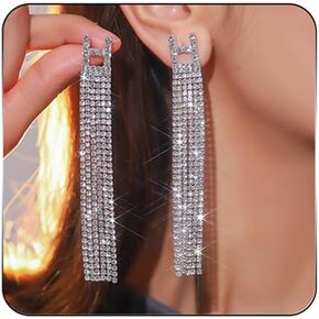 Silver Rhinestone Tassel Earrings for Women Girls,Sparkly Long Tassel Crystal Dangle Drop Earrings Bling Prom Chandelier Earrings Wedding Party Jewerly Gifts
