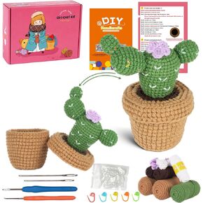 Finnacy Crochet Kit for Beginners Adults - Potted Cactus Plants for Storage Crocheting Kits, DIY Craft Gift with Crochet Yarns, Hook, Step-by-Step Video, Instruction and Crochet Accessories