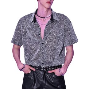 WDIRARA Men's Glitter Tank Top Button Up Drop Shoulder Short Sleeve Collar Party Shirt