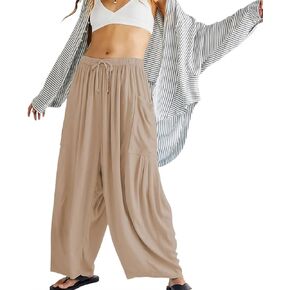 Xinor Women's Wide Leg Baggy Casual Lantern Pants Summer Beach High Waisted Capris Yoga Palazzo Elastic Waist Trousers