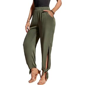 Floerns Women's Solid High Waist Split Knot Hem Long Pants