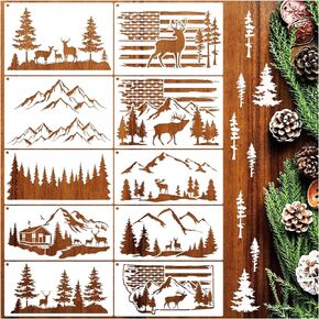 10 Pieces Pine Tree Stencils for Painting, Mountain Stencil Template Reusable Forest Deer Stencils for Wood Burning Canvas Paper Fabric DIY Craft Window Wall Furniture (10 Pine Tree Deer)