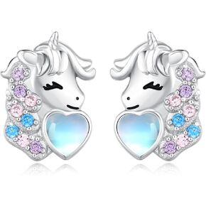 أقراط يونيكورن S925 الفضة الاسترليني لطيف يونيكورن حجر القمر أقراط للفتيات النساء هيبوالرجينيك يونيكورن مجوهرات هدايا لعيد ميلاد ابنة in Kuwait