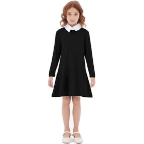 Girls Casual Dress Long Sleeve Vintage Peter Pan Collar T-Shirt Dresses Age 3-12 Years