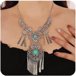 Wiwpar Vintage Bohemian Ethnic Tribal Necklace Boho Statement Turquoise Collar Necklace Chunky Tassel Long Chain Pendant for Women Girls Bib Necklace Jewelry Gift