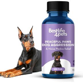 Peaceful Paws Dog Aggression & Noise Phobia Relief, Anxiety Relief for Dogs, Dog Calming Remedy for Biting, Barking, Chasing, Attacking, and Other Canine Behavior Issues, 400 Non-Drowsy, Small Pills