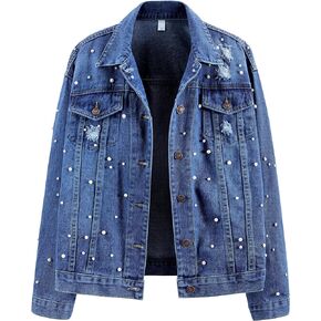 Ladyful Womens Oversized Denim Jacket Pearl Bride Jean Coat Outerwear