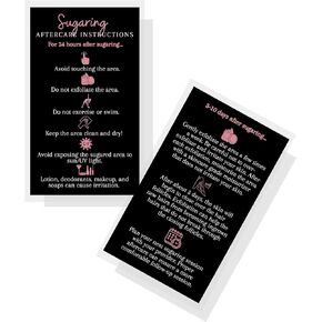Sugaring Hair Removal Aftercare Cards | 50 Pack | Size 2x3.5" inches Business Card Size | Sugaring Aftercare Kit Cards | Black with Rosey Pink Design
