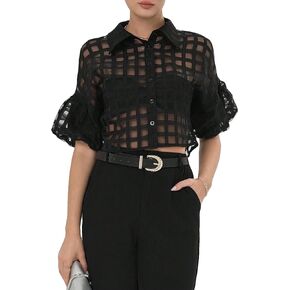 GORGLITTER Women's Mesh Button Down Shirt Top Puff Short Sleeve Collared Crop Blouse